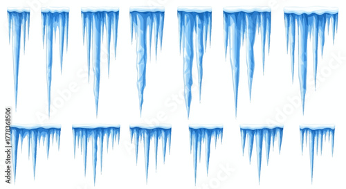 Realistic blue icicles hanging down. A collection of frozen ice spikes for winter decoration and seasonal design elements