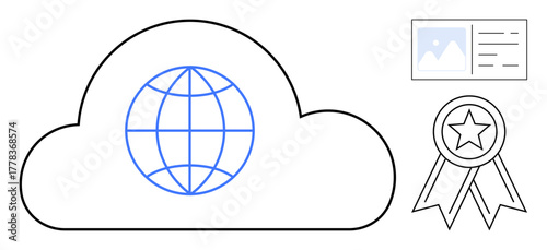 Cloud with integrated globe for global network, user profile interface, and certificate symbolizing authentication. Ideal for data security, global connectivity, cloud computing, user management