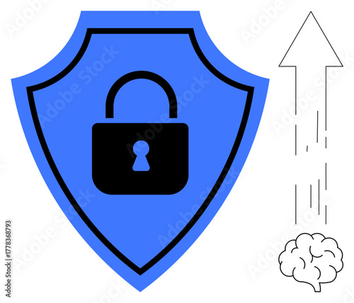 Blue shield with centered lock, brain, and arrow symbolizing protection, innovation, upward growth. Ideal for cybersecurity, education, progress, innovation protection intellectual security simple