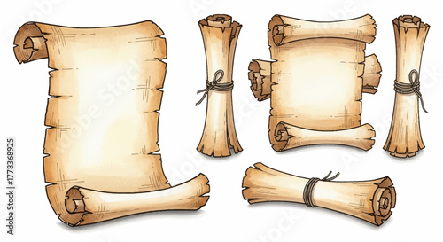 Hand-drawn collection of vintage parchment scrolls, featuring rustic aged paper textures with tied string, ideal for historical documents and ancient designs