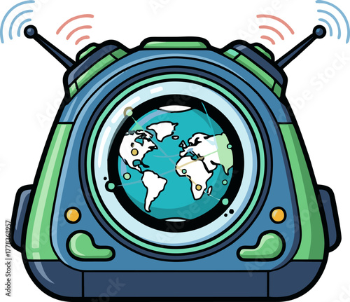 Global Communication Device with Antennas and World Map Display.