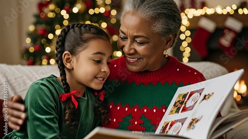 Joyful African American grandmother and her biracial granddaughter sharing cherished family memories while looking at a photo album in a cozy, festive Christmas living room.