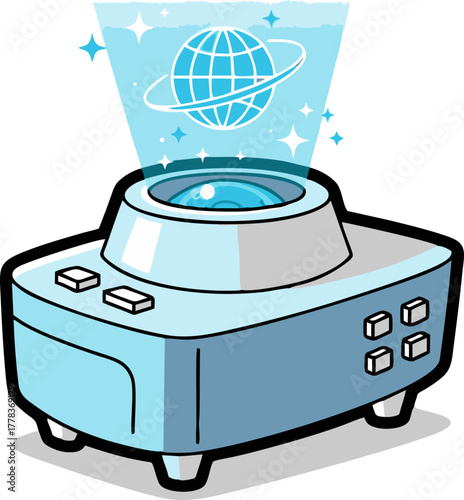 Holographic Projector Displaying a Spinning Globe with Rings.