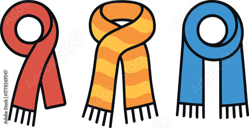 Colorful Winter Scarves Red Orange and Blue Fashion Accessories for Cold Weather Protection Vector Illustration Isolated on White Background