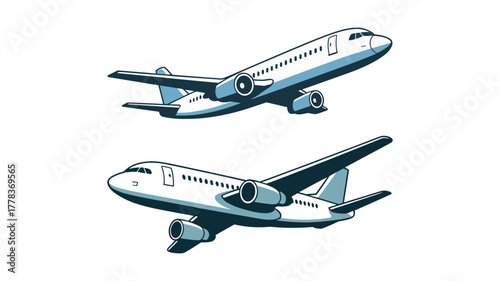 Two blue and grey airplanes in flight against white background