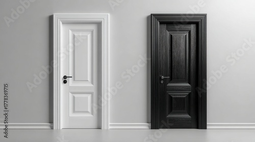 Two identical arched doors side by side, one pure white and the other deep black. Concept of choice, contrast, and duality or light vs dark