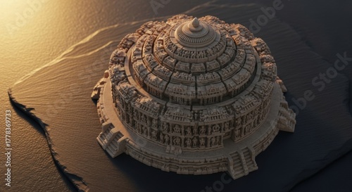 Ancient Circular Temple Model on Deserted Landscape with Warm Sunset Lighting
