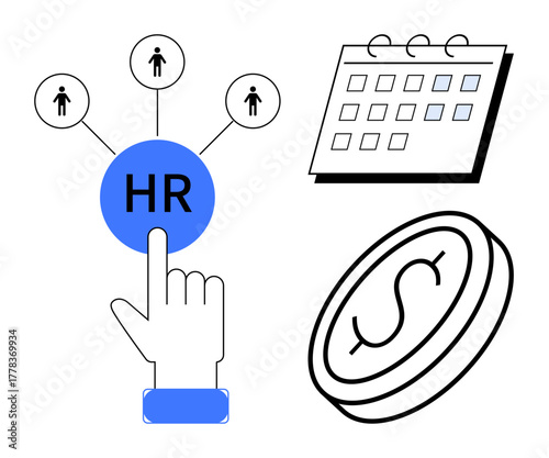 Hand pointing to HR button, surrounded by employee icons, calendar, and coin with dollar sign. Ideal for HR systems, payroll, workforce planning, scheduling, recruitment finance business