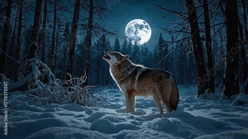 Wolf Howling in Snowy Night