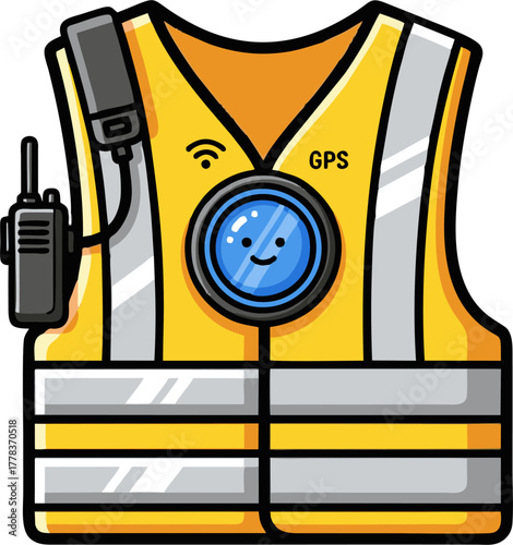 Safety Vest with GPS and Walkie Talkie Cartoon Illustration.