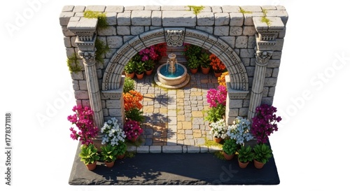 Decorative Stone Archway with Colorful Flower Pots and Fountain in Courtyard