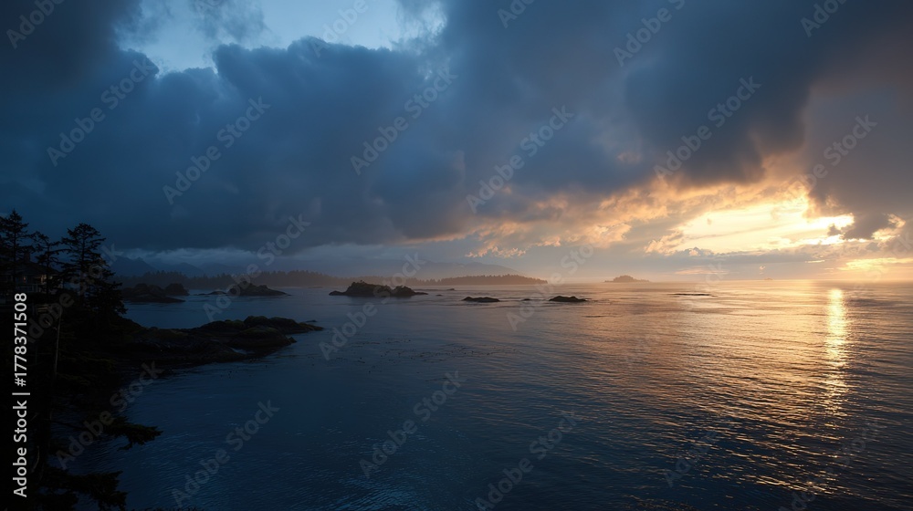 Fototapeta premium Panoramic Seaside Sunset with Clouds and Islands, Showing Tranquility and Light of Ocean Landscape