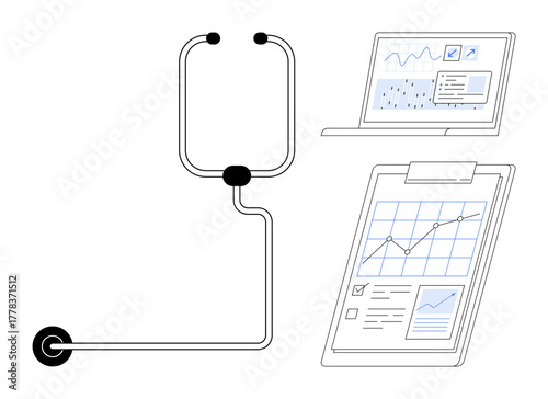 Stethoscope connecting to laptop with analytics graph and clipboard showing trends. Ideal for healthcare, diagnostics, data analysis, research, telemedicine, digital health, medical advancements