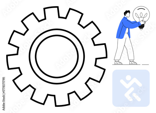 Gear outline symbolizing solutions and mechanisms, man holding bulb showing creativity. Ideal for teamwork, brainstorming, innovation, process, problem-solving, success and system. Modern simple