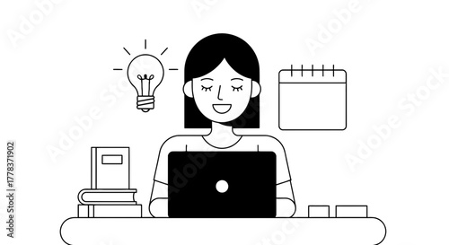 Woman working from home on laptop with idea and calendar vector