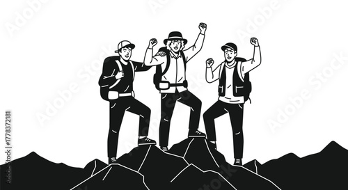 Three hikers celebrating reaching mountain peak achievement vector
