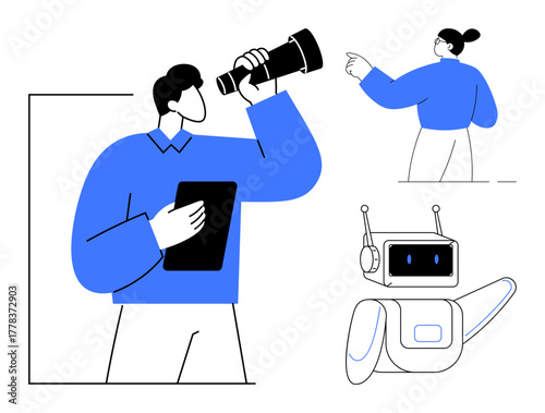Man with spyglass, tablet, robot, and arm gesturing forward evoke exploration, innovation, teamwork, and technology. Ideal for strategy, leadership AI robotics future planning creativity simple