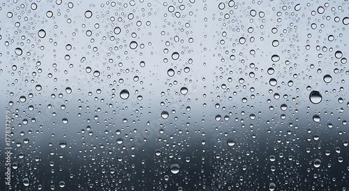 A close up shot of many water droplets on a window with a blurred background in shades of gray