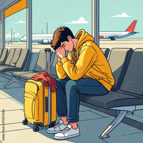 Young person looking stressed and tired while waiting at an airport gate