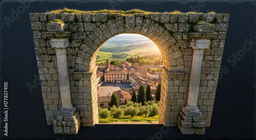 Ancient Stone Archway Overlooking Scenic Village at Sunset
