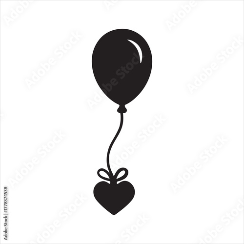Black silhouette illustration of a balloon carrying a heart symbolizing love and romance isolated on a white background celebration and affection concept