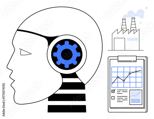 Robotic head with a gear, factory emitting smoke, and data chart on clipboard. Ideal for automation, innovation, AI, industry, technology machine learning efficiency. Simple flat metaphor