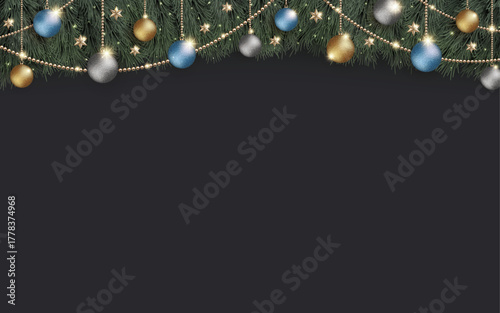 キラキラ光り輝くクリスマスの飾りと、ワイドな黒の背景