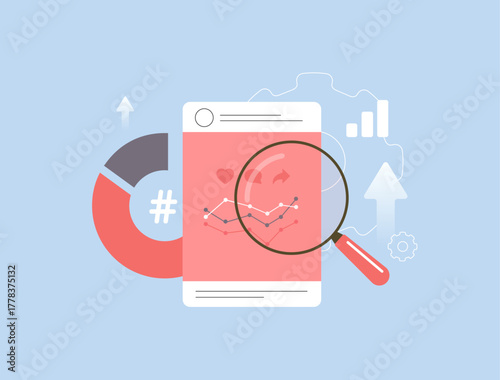 Social media growth analytics. Brand visibility with hashtag performance tracking, engagement metrics and real-time optimization for viral reach, user interaction and social ROI in digital marketing