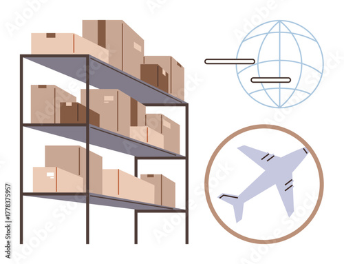 Storage shelves stacked with boxes, airplane highlighting logistics, and globe signifying global trade. Ideal for logistics, supply chain, inventory, freight, business e-commerce delivery. Simple