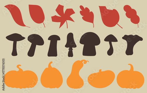 Set collection of autumn colored silhouette elements leaves, pumpkins and mushrooms icon clipart isolated illustration