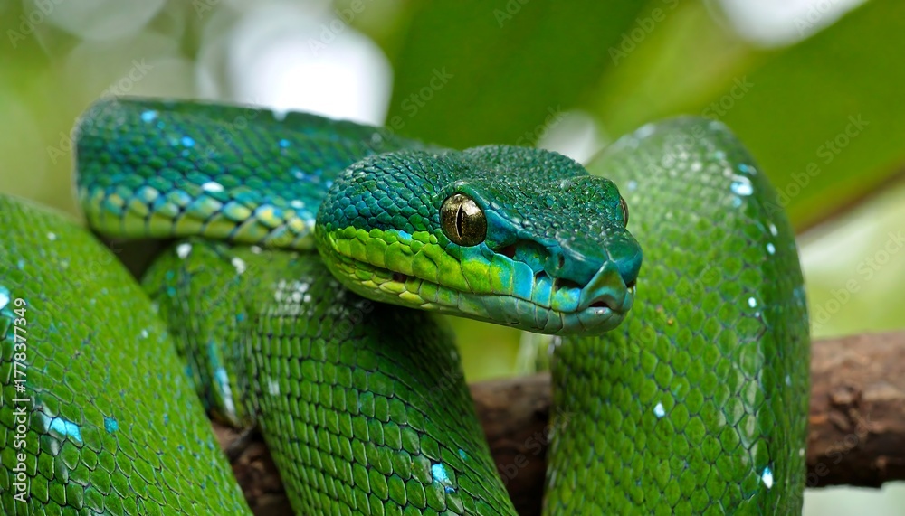 Obraz premium Vibrant green snake coiled on branch