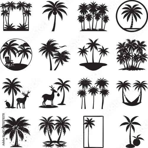Tropical coconut tree silhouette set ,black palm tree vector set