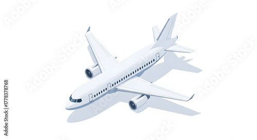 A clean white passenger airplane in a realistic isometric view.