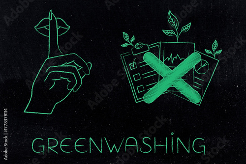 greenwashing illustration with shush hand and corporate documents
