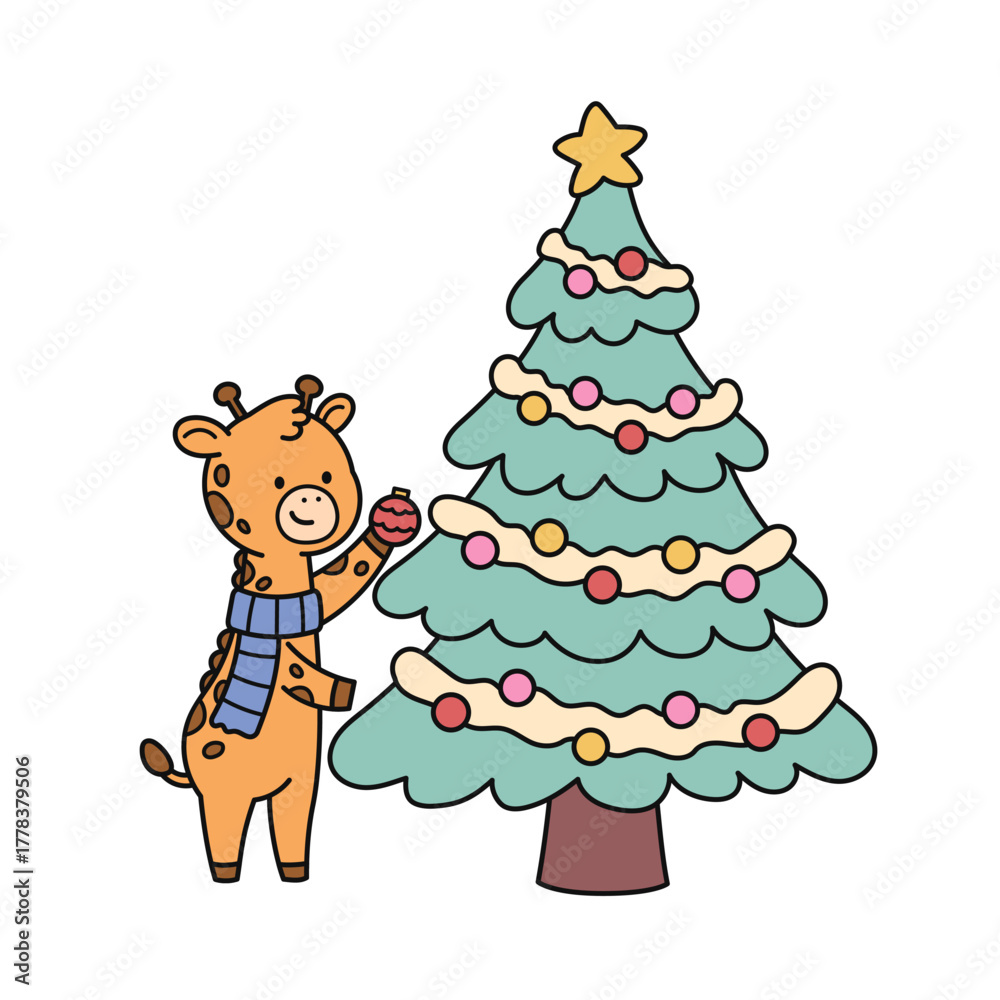 Fototapeta premium Festive animal character, sweet giraffe decorating Christmas tree with star topper and colorful ornaments. Flat cartoon style vector illustration isolated on white background