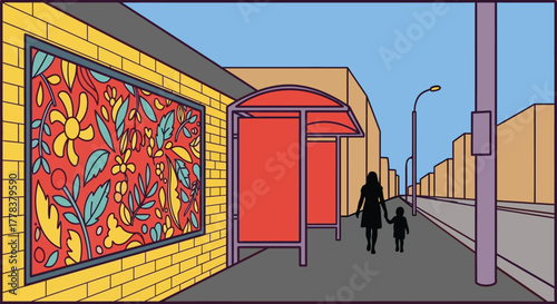 Bus stop street art mural mother child urban scene illustration