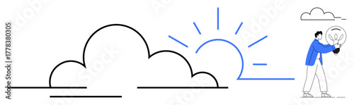 Lightbulb held by a person, large sun rising behind clouds. Ideal for innovation, creativity, inspiration, hope, ideas, growth opportunities. A simple flat metaphor