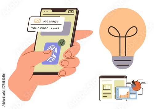 Smartphone with fingerprint login and verification code, large lightbulb, analytics chart on screen. Ideal for security, technology, innovation, data analysis, online tools, creativity efficiency
