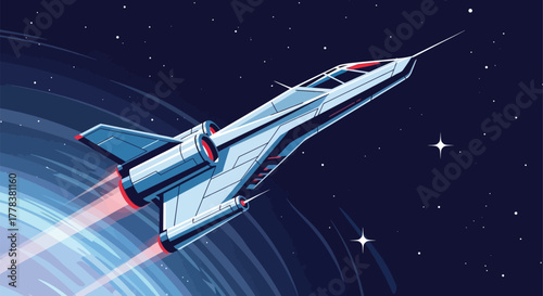 Illustration of a white spaceship soaring through space with stars and a blue vortex background