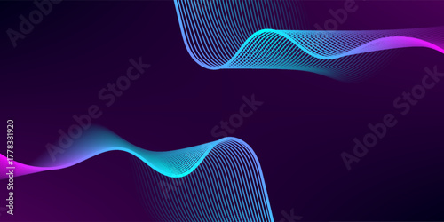 Abstract background with glowing lines. Dark horizontal background of wavy bright blue pink lines. Modern technology futuristic concept, abstract wavy lines background.