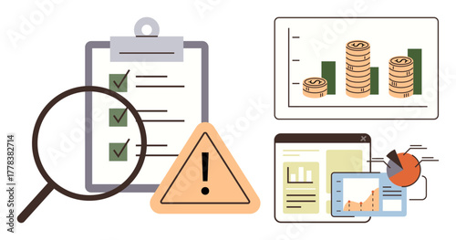 Magnifying glass over checklist, warning triangle, growth chart, and data graphs. Ideal for finance, auditing, analytics, validation business planning risk management and decision-making. Simple