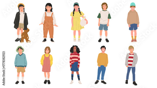 Set of cute children characters wearing casual clothes, standing and smiling. Diverse group of boys and girls in different outfits. Adorable kids illustration, isolated on white background, vector art