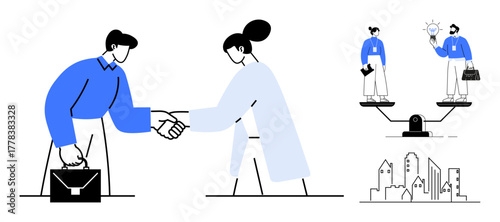 Businesspeople shaking hands with symbolic scales representing workplace equality, idea sharing, and balance. Cityscape in background. Ideal for teamwork, partnership, equality, negotiation