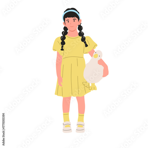 Cute little girl with braids wearing yellow dress and headband holding a duck plush toy. Adorable child character illustration, isolated on white background, flat vector style.