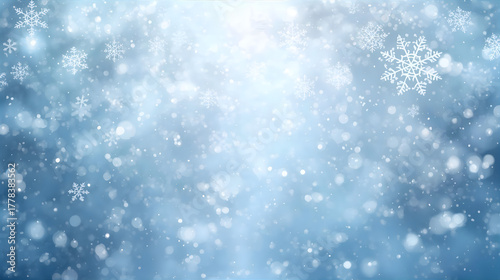 A dreamy, ethereal winter scene featuring falling snowflakes and a soft, glowing light.