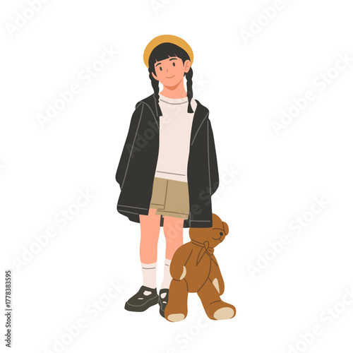 Cute little girl with braids wearing oversized black jacket, beige shorts, and yellow beret holding teddy bear. Adorable child character illustration, isolated on white background, vector art style.