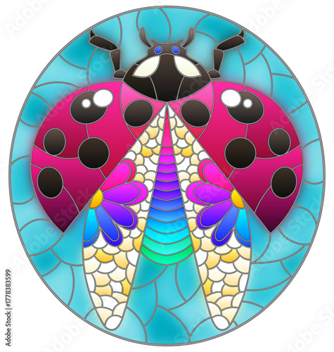 Stained glass illustration with an abstract bright ladybug on a blue background