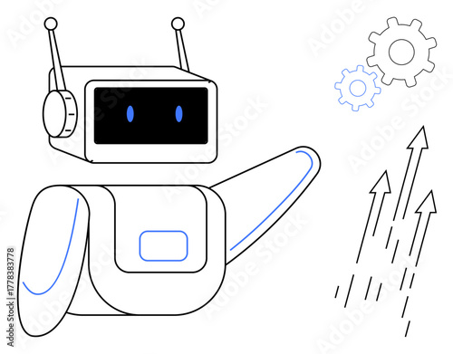 Robot with antennae gestures upward beside gears and upward arrows, symbolizing progress, technology, efficiency, automation, AI, innovation, and growth. Ideal for business tech solutions modern