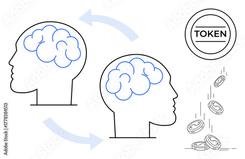 Two heads with brains connected by arrows, token icon, and floating coins convey exchange and monetization of ideas. Ideal for innovation, blockchain, cryptocurrency, finance, digital economy