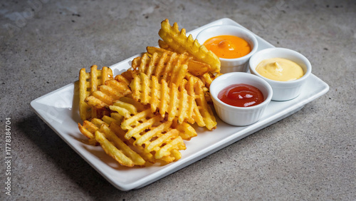 homemade waffle fries with dipping sauces in a white plate.ai  